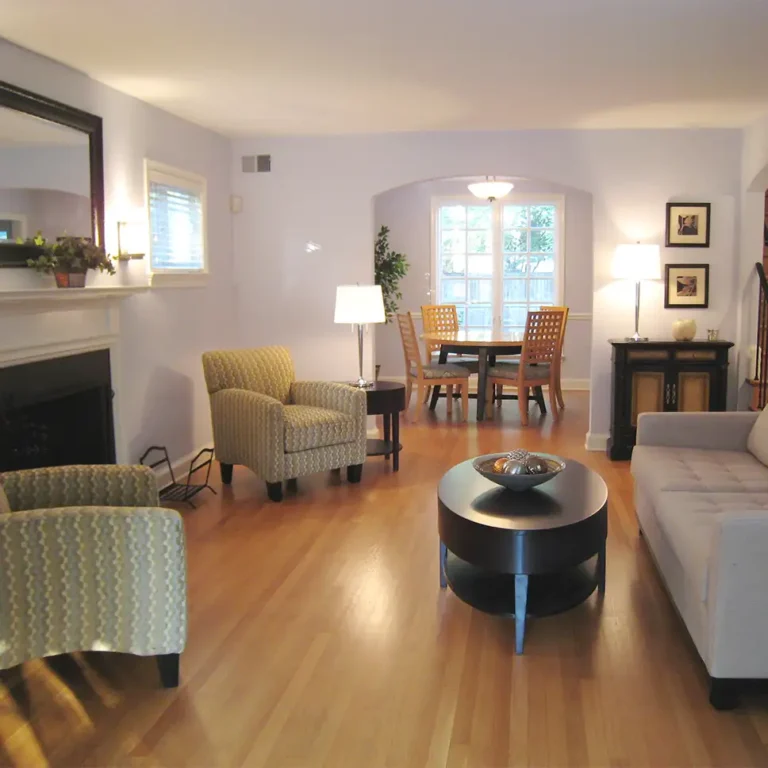 Living and dining room staged for sale