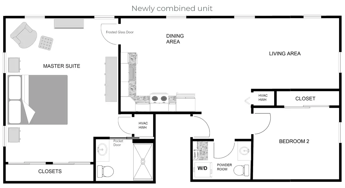 Two-bedroom, two-bathroom unit after renovation
