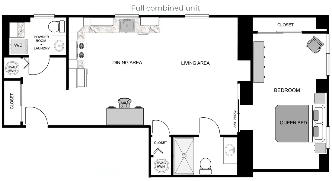 Combined one bedroom, two bath unit