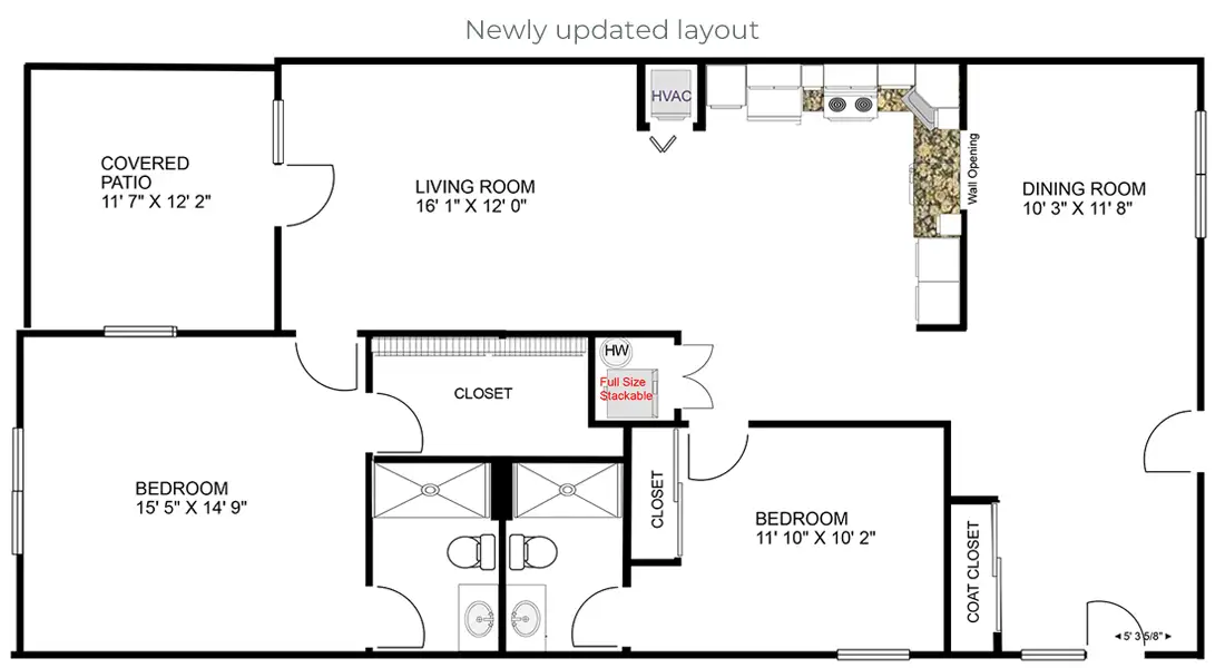 Revised two bedroom two bathroom layout with open living area