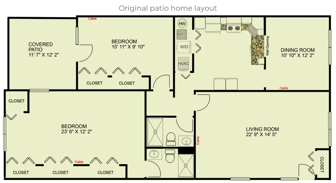 Two bedroom two bathroom layout showing awkward floor plan
