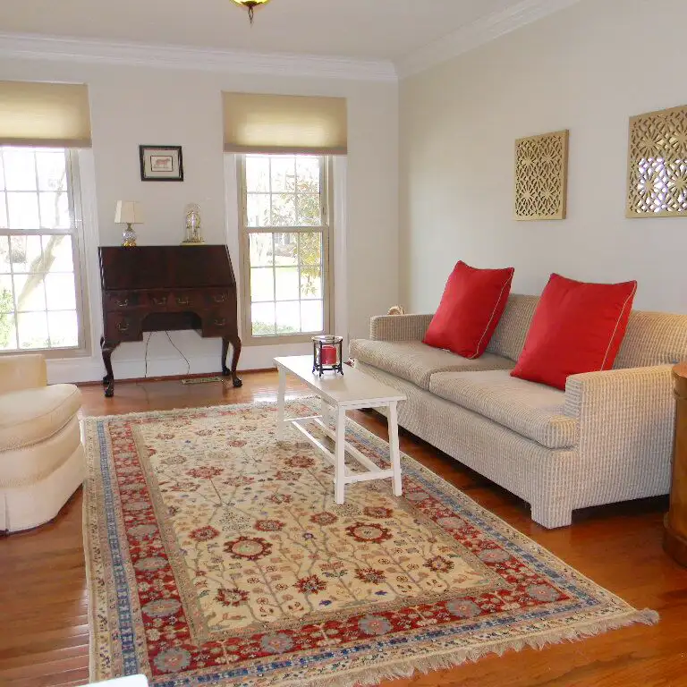 Living room staged for photography and sale, decluttered with updated rug and furniture.