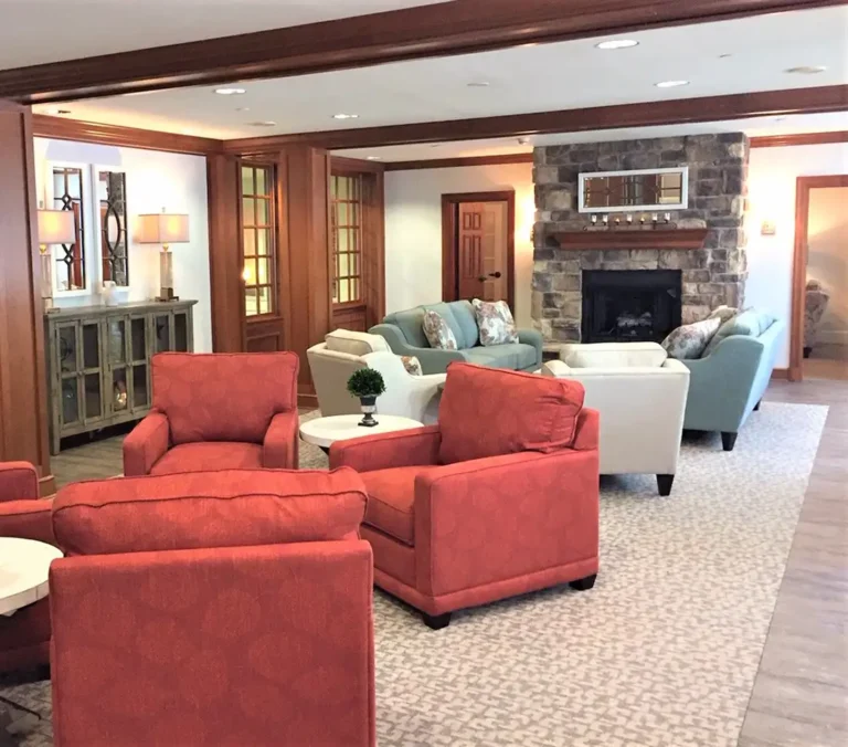 Lobby and fireplace after renovation