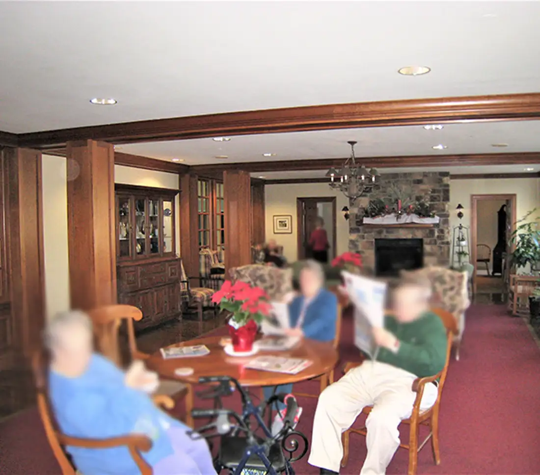 Lobby and fireplace before renovation